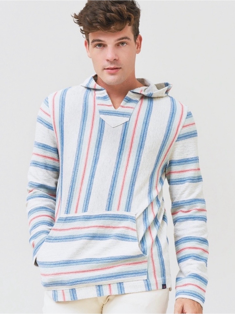 Lucky Brand Men's Baja-Style Crewneck Sweater - Cream with Blue & Red Stripes